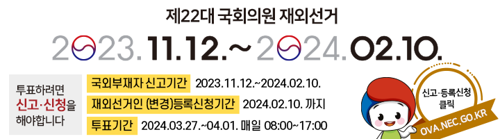 제22대 국회의원 재외선거. 투표를 하려면 신고ㆍ신청을 해야합니다. 2023.11.12.~2024.2.10. 국외부재자 신고기간 2023.11.12.2024.02.10. 재외선거인(변경)등록신청기간 2024.02.10.까지 투표기간 2024.03.27~04.01. 매일 08:00 ~ 17:00  신고ㆍ등록신청 페이지 클릭 ova.nec.go.kr